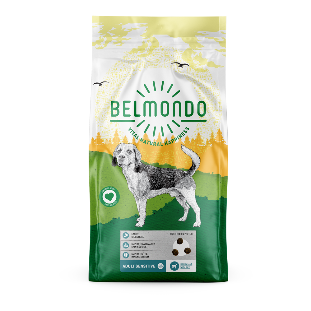 Dek de tafel bubbel munt Belmondo Adult Sensitive met Lam en Rijst - 14kg - Hondenvoer
