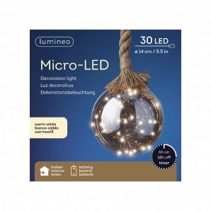 Lumineo LED kerstlamp aan touw - warm wit - 30 lampjes - D14xH100cm - Rookgrijs
